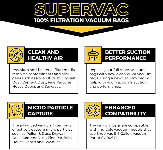 20 Pack, 5-8 Gallon Filter Bags for Shop Vac Vacuum - Type H 90671 - High-Efficiency Vacuum Bags - AquaVibe