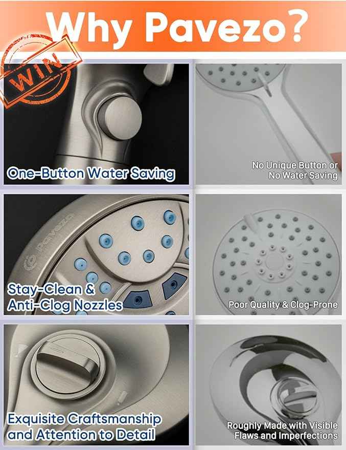 Pavezo® High Pressure Handheld Shower Head with Filter, ON/OFF Switch Pause Button, 10-mode Shower Head with Hard Water Softener Filters, SS Hose, Anti-clog & Powerful Clean Tile & Pet, Brushed Nickel