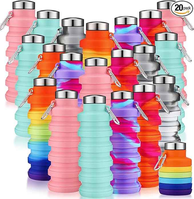 Sunnyray Collapsible Water Bottles Bulk Foldable Water Bottles 17oz Silicone Portable Leak Proof Reusable Sports with Clip for Travel Hiking Camping Outdoor(Tie-dye,20 Pack)