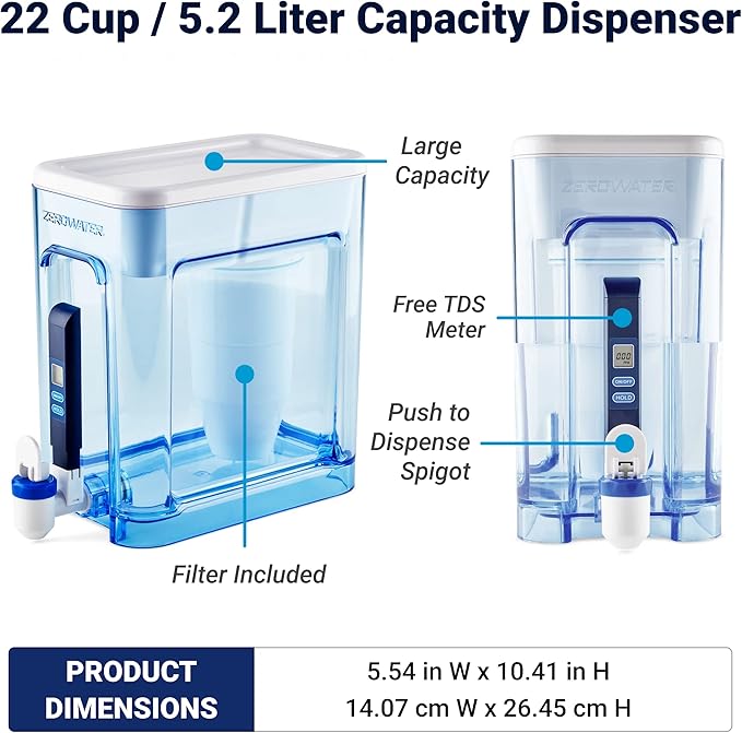 ZeroWater Official Replacement Filter - 5-Stage Water Filtration System (8-Pack) and 22 Cup Ready-Read 5-Stage Water Filter Dispenser