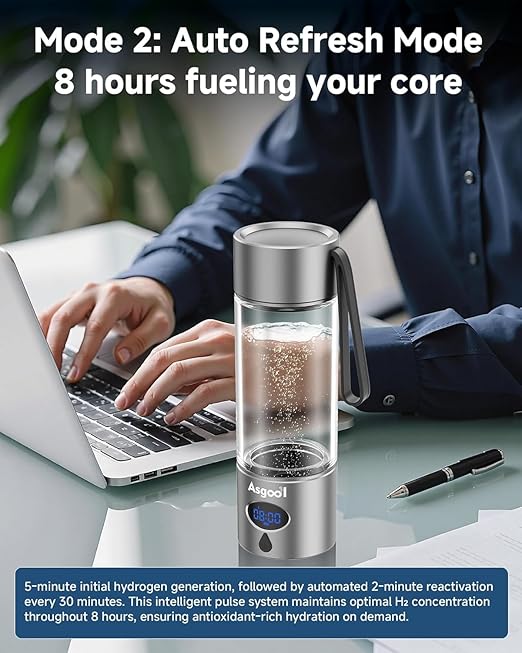 Hydrogen Water Bottle - 5000 PPB in 8 Minutes, Cyclic Mode for 8 Hours, Self Clean, Aluminum & Glass, for Travel Sports Office Home, Gift for Father Mom Family Friends Clients(Grey, 12Oz)