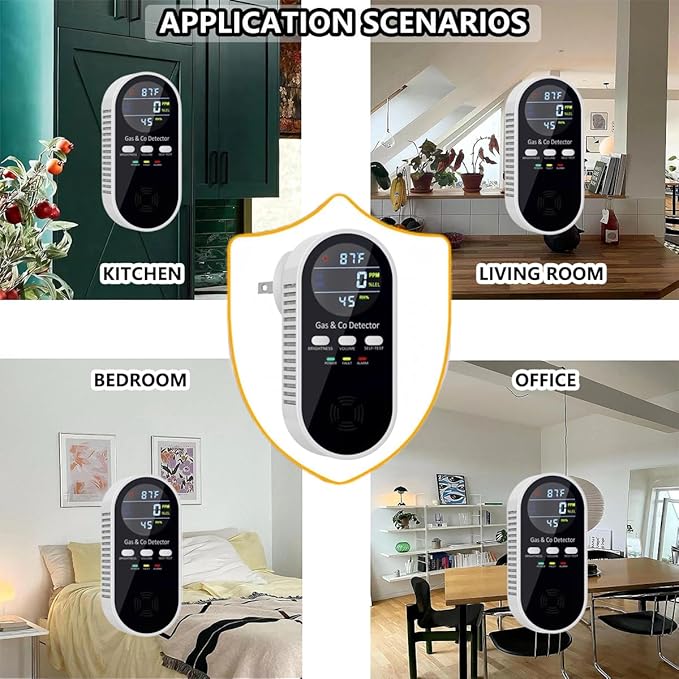 5 in 1 Carbon Monoxide Detector & Natural Gas Detector with Temperature Humidity Display，Battery Backup for Plug-in Co Detector and Combination Gas Suitable for Home/Hotel/Travel - 2Pcs