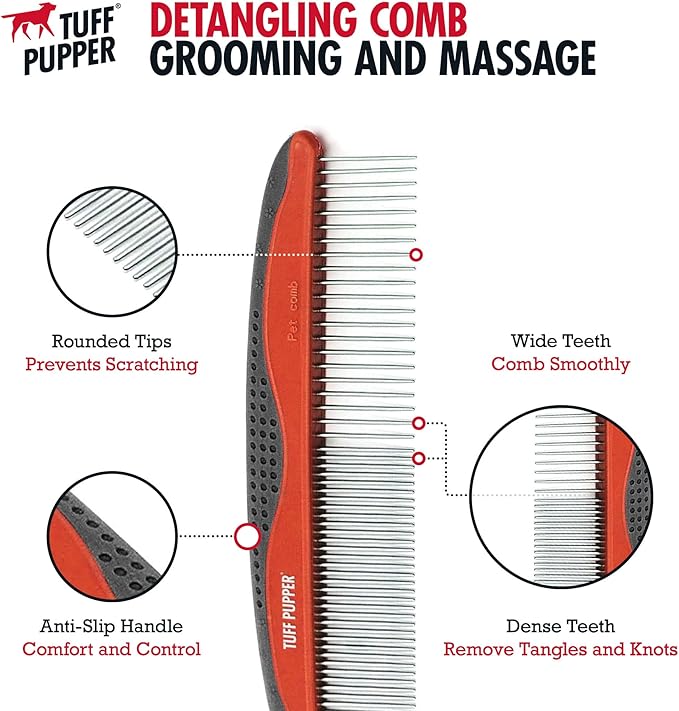 Tuff Pupper Dog Grooming Comb Set | Easily & Safely Remove Dead, Matted Knotted Hair | Ergonomic Pet Detangling Combs | No-Slip Safety Handle For Precision Control | Rounded Tips Prevent Scratching - AquaVibe