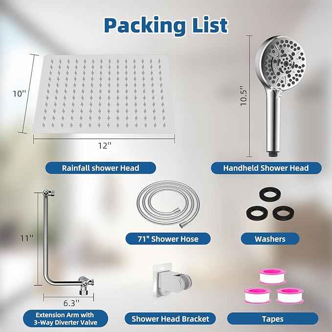 12" All Metal Shower Head, High Pressure Rainfall Shower Head/Handheld Showerhead Combo with 11" Adjustable Shower Extension Arm, 71" Hose, Shower Head Holder, Chrome