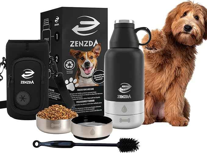 3-in-1 Dog Water Bottle – Insulated Stainless Steel Travel Bottle with Food Bowl, Leakproof, Carrying Bag & Brush