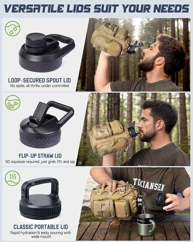 64 oz Insulated Water Bottle with Sleeve, Half Gallon Stainless Steel Tactical Water Jug Large Military Water Bottle with 3-IN-1 Pouch/3 Lids/Straw/Paracord Handle for Gym, Camping, Workout