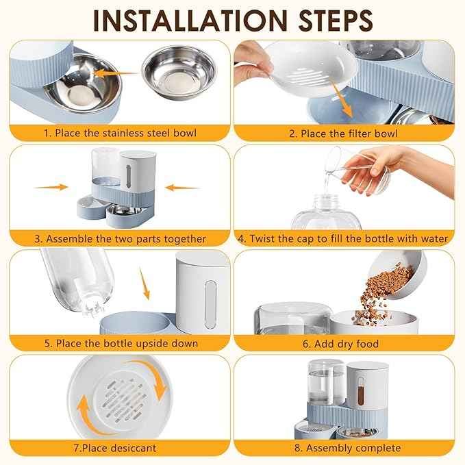 Automatic Gravity Cat Dog Feeder and Water Dispenser with 304 Stainless Steel Bowls 2 in 1 360 Degree Rotatable Auto 2.4L Dry Food and 2.6L Water Bowl for Small Medium Pet Dog Puppy Kitten (Blue)