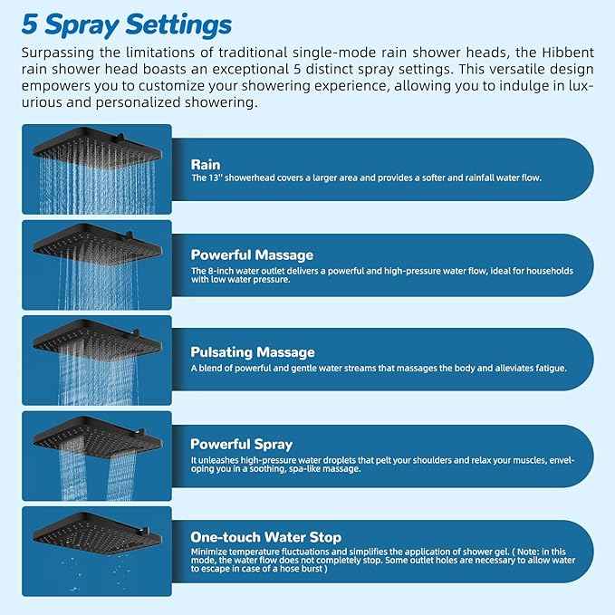 Hibbent cUPC Certified 13'' Shower Head Combo, High Pressure 5 Spray Rainfall Showerhead, 10 Spray Mode Handheld, All Metal Easy Reach 4-way Diverter Arm with Pause Mode, 71'' Hose and Holder, Black