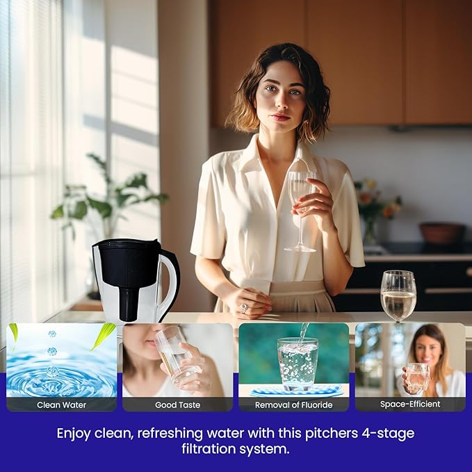 Crystal Quest Water Filter Pitcher - 12-Cup Capacity, 6-Stage Filtration, Includes 1 Long-Life Filter, BPA Free, Meets NSF Standard 42 - Filter Upto 2000 Gallons - Standard (Smart)/Black