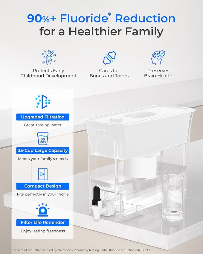 Waterdrop 35-Cup Large Water Filter Dispenser, Fluoride-Reducing, 150-Gallon Long-Life, Reduces Chlorine, PFOA/PFOS and More, BPA Free, White (with 1 Filter)