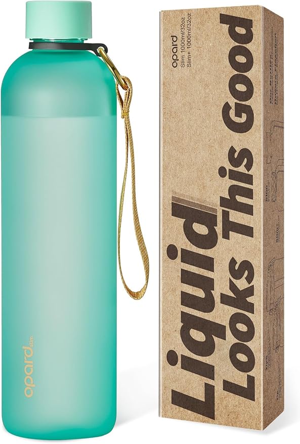 Opard Slim Water Bottle 32oz, Dishwasher Safe Plastic Water Bottle BPA-Free, Leakproof Screw Top,Aqua Green, Reusable for Travel School Sport Gym Hiking