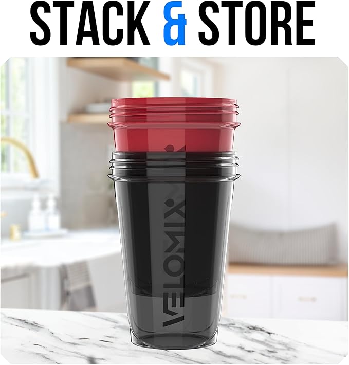 VELOMIX -2 Pack- 20 oz Protein Shaker Bottles for Protein Mixes - 2x Wire Whisk | Leak Proof Shaker Cups for Protein Shakes and Pre Workout | Protein Shaker Bottle Pack (Black/Red)