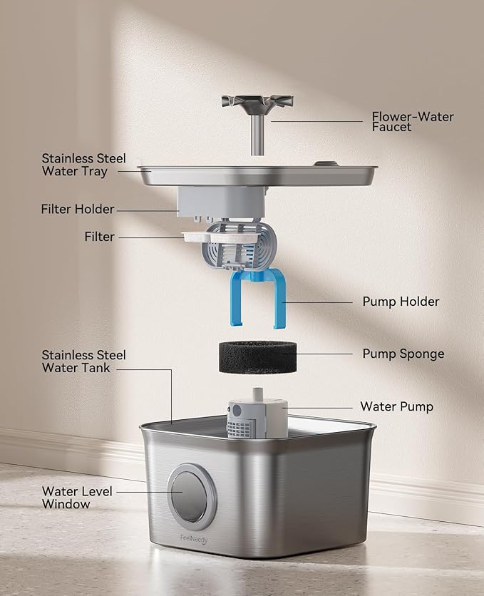 Stainless Steel Cat Water Fountain, 99oz/2.8L Auto Pet Drinking Fountain with 20dB Ultra-Quiet Pump- Ideal for Timid Pets, LED Water Level Window, Dishwasher Safe, 24/7 Circulating Flow - FEELNEEDY
