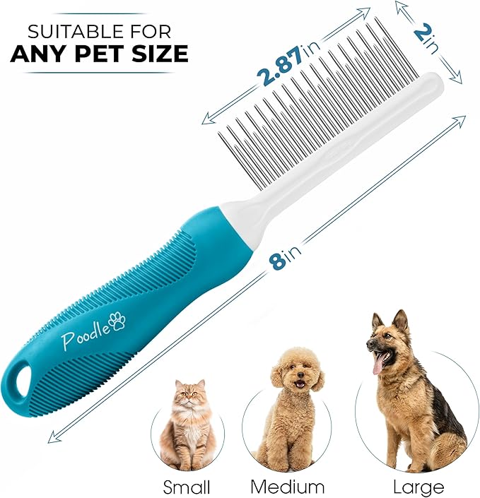 Poodle Grooming Comb - Metal Dematting Comb with Long & Short Stainless Steel Teeth for Removing Matted Hair & Knots, Safe and Gentle for Dogs & Cats - AquaVibe
