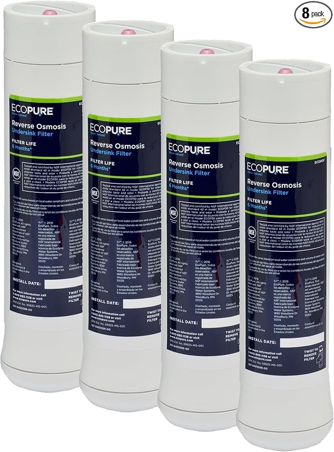 EcoPure Reverse Osmosis Under Sink Replacement Water Filter Set (ECOROF) | NSF Certified | Fits ECOP30 System | 6-Month Filter Life (Pack of 4)