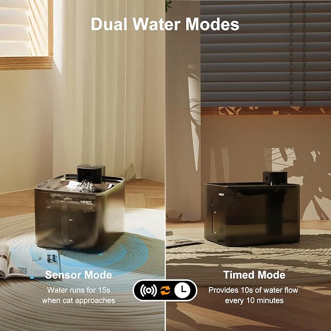NPET Wireless Cat Water Fountain, 1 Gallon/135oz Pet Fountain with Motion Sensor, 4000mAh Rechargeable Battery Operated＆Stainless Steel Tray, Auto Cordless Water Dispenser with Multi-Filtration Filter