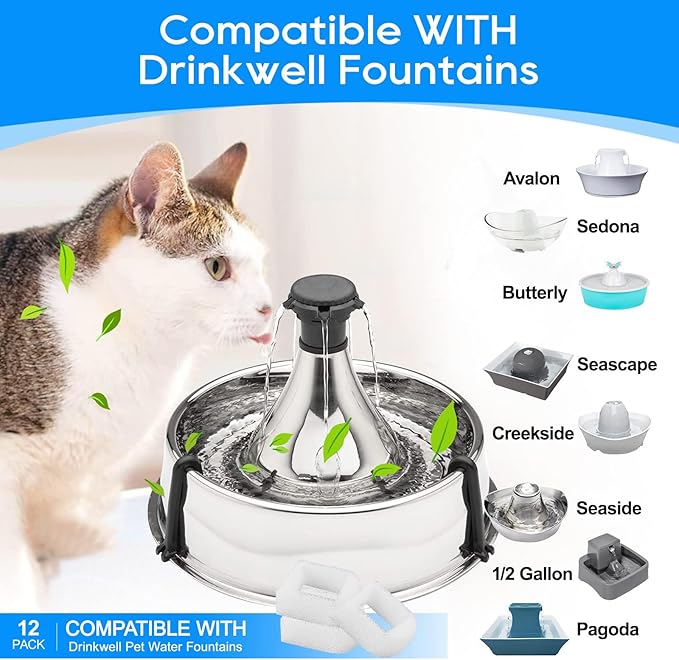 24PCS Cat Water Fountain Filter Compatible with Petsafe Water Fountain, for Drinkwell Pet Fountain Filters, Replacement Foam Filters for 360 Pet Fountain Seaside Pagoda 1/2 Gallon Fountains