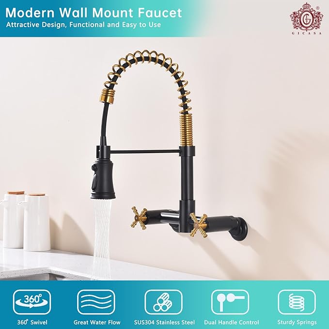Wall Mount Kitchen Faucet, 8 Inch Center Wall Mount Faucet with Pull Down Sprayer, Commercial Spring Wall Faucet for Kitchen Sink, 3 Functions, Dual Handle, 304 Stainless Steel, Black and Brushed Gold