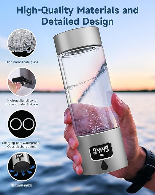 Hydrogen Water Bottle - Portable, Rechargeable, LED Timer, Aluminum and Glass, 5000 PPB Hydrogen in 10 Minutes, 340ml Capacity, for Travel, Sports, Home, Office(Grey)