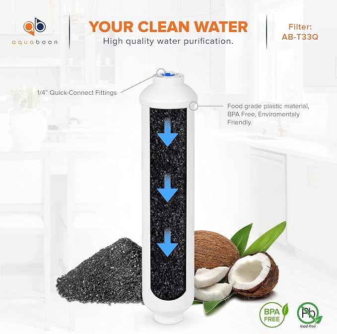 Aquaboon T33 Inline Post Activated Carbon Water Filter for Refrigerator, Ice Maker w/Quick Connect for 1/4 Water Line Compatible with ICF-10, 2-Pack
