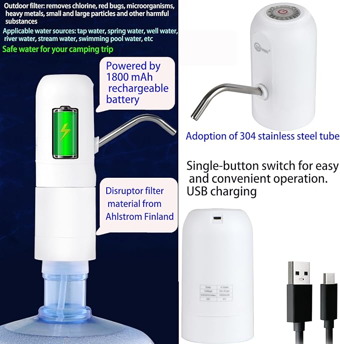 CoolWAY Gallon Bottle Electric Pump Filter - Portable Water Dispenser for Camping, Outdoors, Home and Office，5 Gallon Water jug Dispenser with Filter
