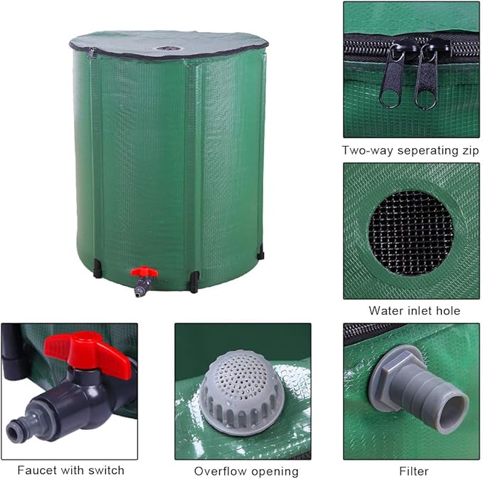 Outvita 66 Gallon Collapsible Rain Barrel, Rainwater Collection System, Portable Foldable Garden Water Storage Tank, Water Catcher with Filter Overflow Kit Faucet Green