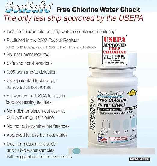 Industrial Test Systems SenSafe 481026 Free Chlorine Test Strip | USEPA Approved Method D99-003 | 0-6ppm | 0.05ppm Detection | No Bleach-Out | Bottle of 50 | Drinking Water, Food Service, Restaurant