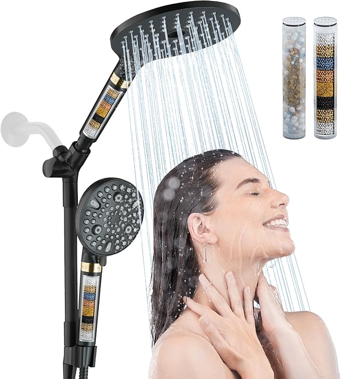 HOWUWEY Filtered Dual Shower Head with Handheld Spray Combo for Hard Water, 7.5-inch Modern High Pressure Shower Head with 9-mode Handheld and Filter, 79-inch Hose (Filtered, Matte Black)