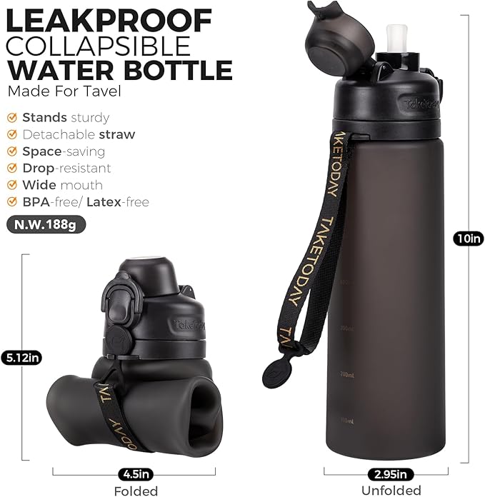 TakeToday Collapsible Water Bottles 20oz (600mL), Foldable Platinum Silicone Travel Water Bottle with Straw & Carry Strap, Leak-Resistant Screw Lid, Wide Mouth, BPA-Free for Hiking, Camping, Travel