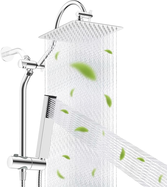 Hibbent cUPC Certified High Pressure 10'' Rainfall Shower Head, Showerhead Combo with 4-mode Handheld Spray, 12'' Adjustable Extension Arm, Extension Bar, Easy Reach Holder, 71'' Hose, Chrome