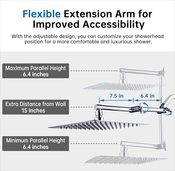 G-Promise All Metal 12 Inches Rainfall Shower Head with Handheld Spray Combo, 3 Settings Diverter, Adjustable Extension Arm with Lock Joints, 71 Inches Stainless Steel Hose (Chrome)