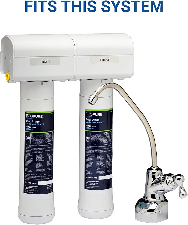 EcoPure ECODWF Dual Stage Water Filter Replacement Set – Fits ECOP20 Under Sink System – NSF-Certified – Reduces Lead, Chlorine, Cysts & More – 6-Month Life – Easy, Mess-Free Changes