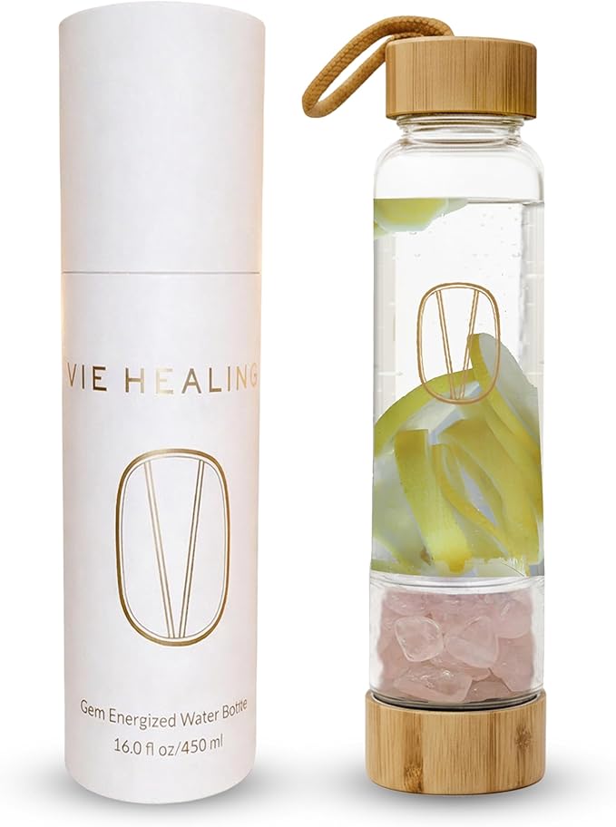 Vie Healing Gem Infused Rose Quartz Crystal Water Bottle, 16oz | Crystal Glass Bottle for Mindful Hydration, Daily Balance & Style | Eco Friendly Reusable Water Bottle for Home, Office, Gym & Travel