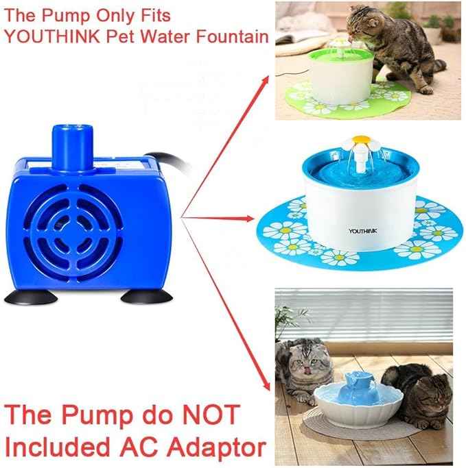 YOUTHINK Fountain Pump, Silent Submersible Pet Fountain Pump Low-pressure Consumption with 5.9 Feet of Power Cord, Suitable for 1.6l and 2.1l Flower Fountains Blue