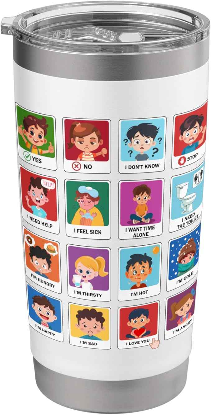 Autism Communication Cards Kids Emotions Speech Therapy AAC Stainless Steel Insulated Tumbler