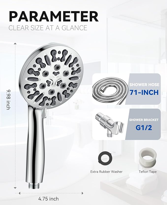 JDO Shower Head with Handheld, High Pressure Handheld Shower Head 9 Settings, Detachable Shower Head Set with Stainless Steel Hose and Shower Bracket (Chrome)