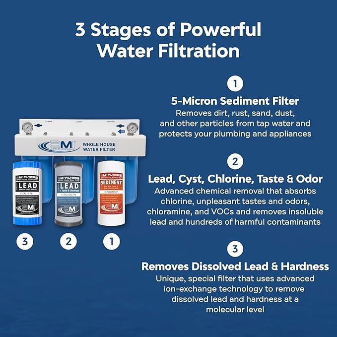 Applied Membranes Inc. 3-Stage Whole-House Water Filter Cartridge Replacements, Includes 10-Inch Sediment, Carbon, and Lead Filter Cartridges