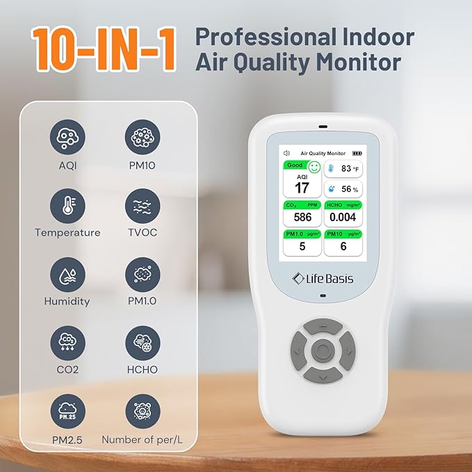LifeBasis Air Quality Monitor Indoor, 11-in-1 Air Quality Detector with Stand, Air Meter Test AQI, PM1.0, PM2.5, PM10, CO2, TVOC, HCHO, Particles, Temperature and Humidity with Alert -White&Gray