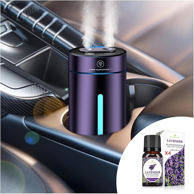 Smart Car Air Fresheners Rechargeable Ultrasonic Atomized Refreshing Experience Contains 4 Bottles of 10ml French Natural Fragrance Adjustable Concentration Auto On/Off Use in Car or Home(Purple)