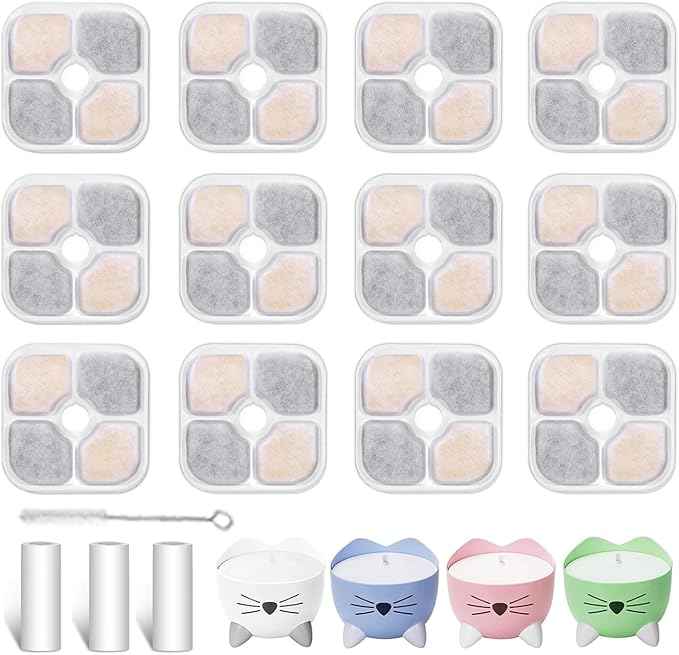 12 Pack Cat Water Fountain Filter Replacement Compatible with Catit PIXI Cat Drinking Fountain, Cat it Water Filters Keep Your Pet Healthy and Hydrated 3 Pump Tubes 1 Hard Brush