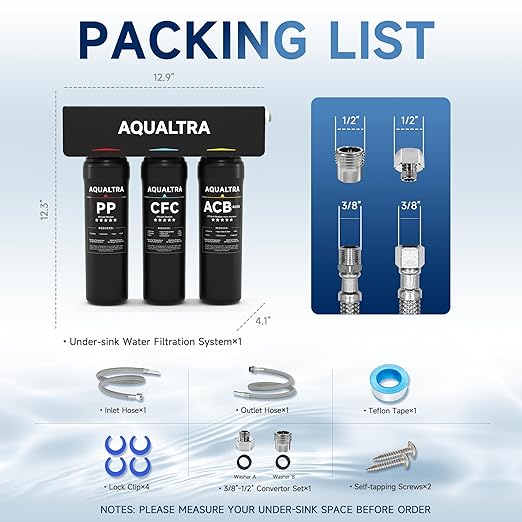 AQUALTRA USF-3B-10 Slightly Alkaline Under Sink Water Filtration System, 8000-32000 Gallons Under-sink Water Filter, 0.5 μm Carbon Fiber Filter Reduces Chlorine, Chloramine, Fluoride, Bad Taste & Odor