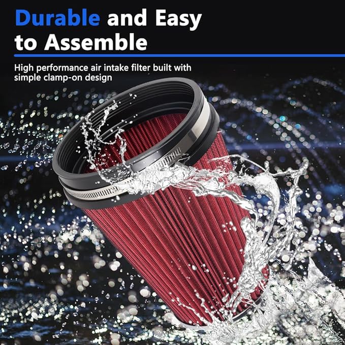 MUGE RACING 6" 152 mm High Flow Inlet Air Filter, Air Intake Cone Filter Replacement Performance Washable Clamp-On Dry, 8'' Tall(Red)