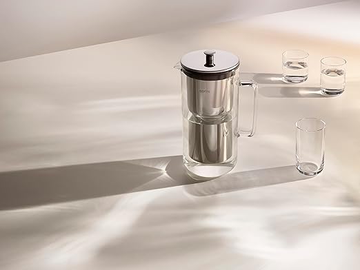 Aarke Purifier - Premium Glass and Stainless Steel Water Filter Pitcher, Refillable Filter System and Granules, 2.4L Pitcher with 1.18L Filtration Capacity
