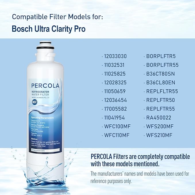 BORPLFTR55 Water Filter Replacement, Compatible with Bosch Ultra Clarity Pro B36CD52SNS, B36CD52SNB, B36FD52SNB, B36FD52SNS, B36FD50SNB, B36FD50SNS, B36CD50SNS, 3 Pack