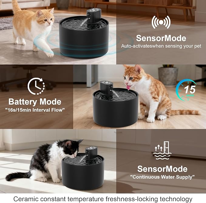 Automatic Ceramic Cat Water Fountain, 2.3L Cordless Pet Water Dispenser with Temperature & Water Level Display, 3 Drinking Modes,Ultra-Quiet Pump, for Cats, Dogs, Multiple Pets (Black)