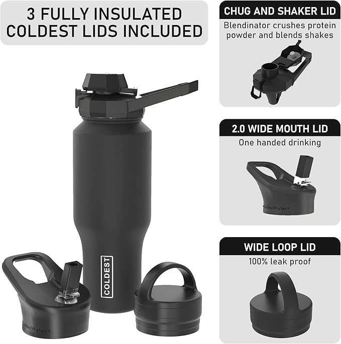 Coldest Sports Water Bottle - 3 in 1 Lids (Chug, Straw, Handle) - Insulated Stainless Steel Tumbler with Handle - Vacuum Water Flask Cup, Valentines Gifts for Him Her (36 oz, Forever Pink Glitter)