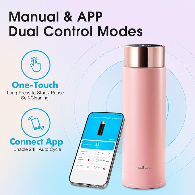 Vsitoo Smart self cleaning Insulated Water Bottle, 15oz Stainless Steel Vacuum Flask, AI Self-Clean, 30-Day Battery Life, BPA-Free, Magnetic Charging, Portable Travel Mug Gifts for Men Women, Pink