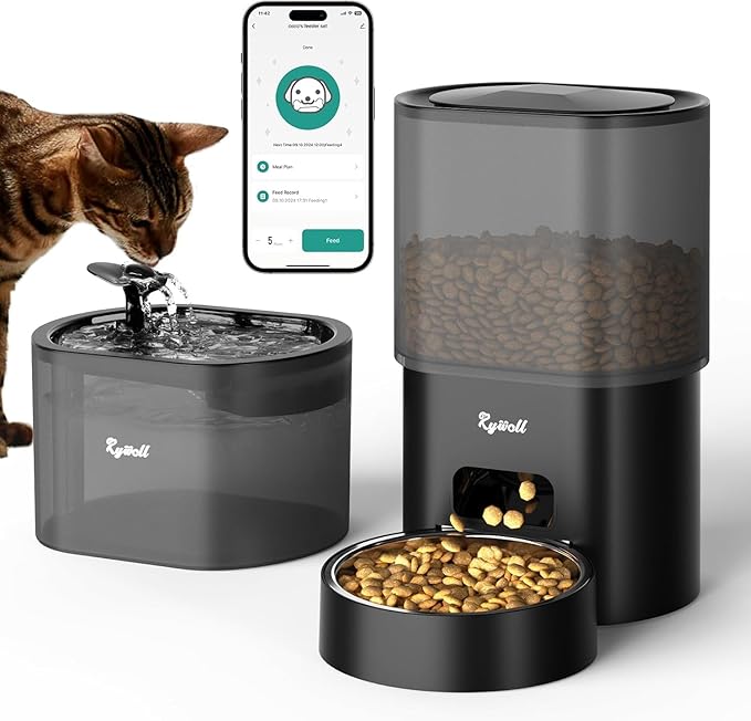 Automatic Cat Feeder and Water Fountain, Rywell 3L WiFi Timed Pet Food Dispenser and 2.5L Water Dispenser with APP for Cats and Dogs, Voice Recorder, Stainless Steel Bowl, Low Noise, Dual Power Supply