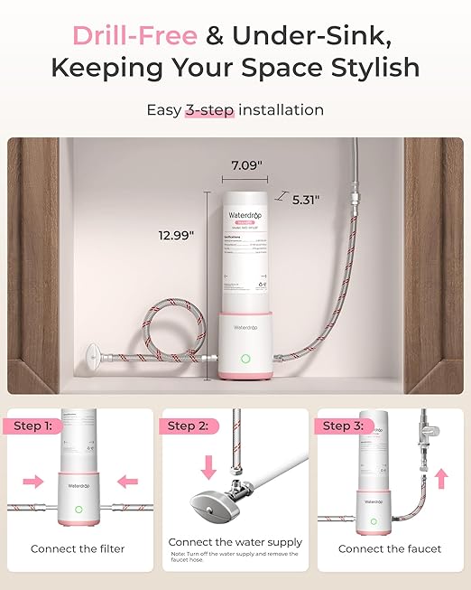 Waterdrop BFU3 Bathroom Sink Filter for Skincare, No Drilling Required, Time Reminder, Reduces Chlorine & Scale in Water, Reduces Skin Redness and Irritation, for Cold Water Supply Only