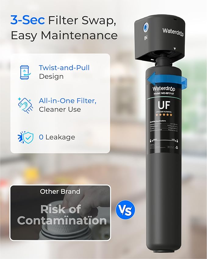 Waterdrop RF17-UF 0.01 Micron Water Filter, 24K Gallons High Capacity, Reduces Lead, Chlorine, Bad Taste & Odor, Replacement for Waterdrop Under Sink Water Filtration system
